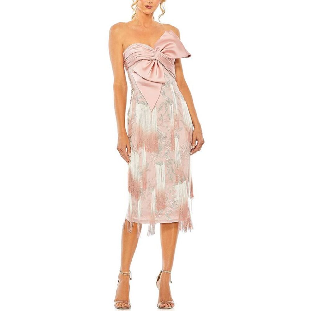 Mac Duggal Pink One-Shoulder Bow Fringe Midi Dress